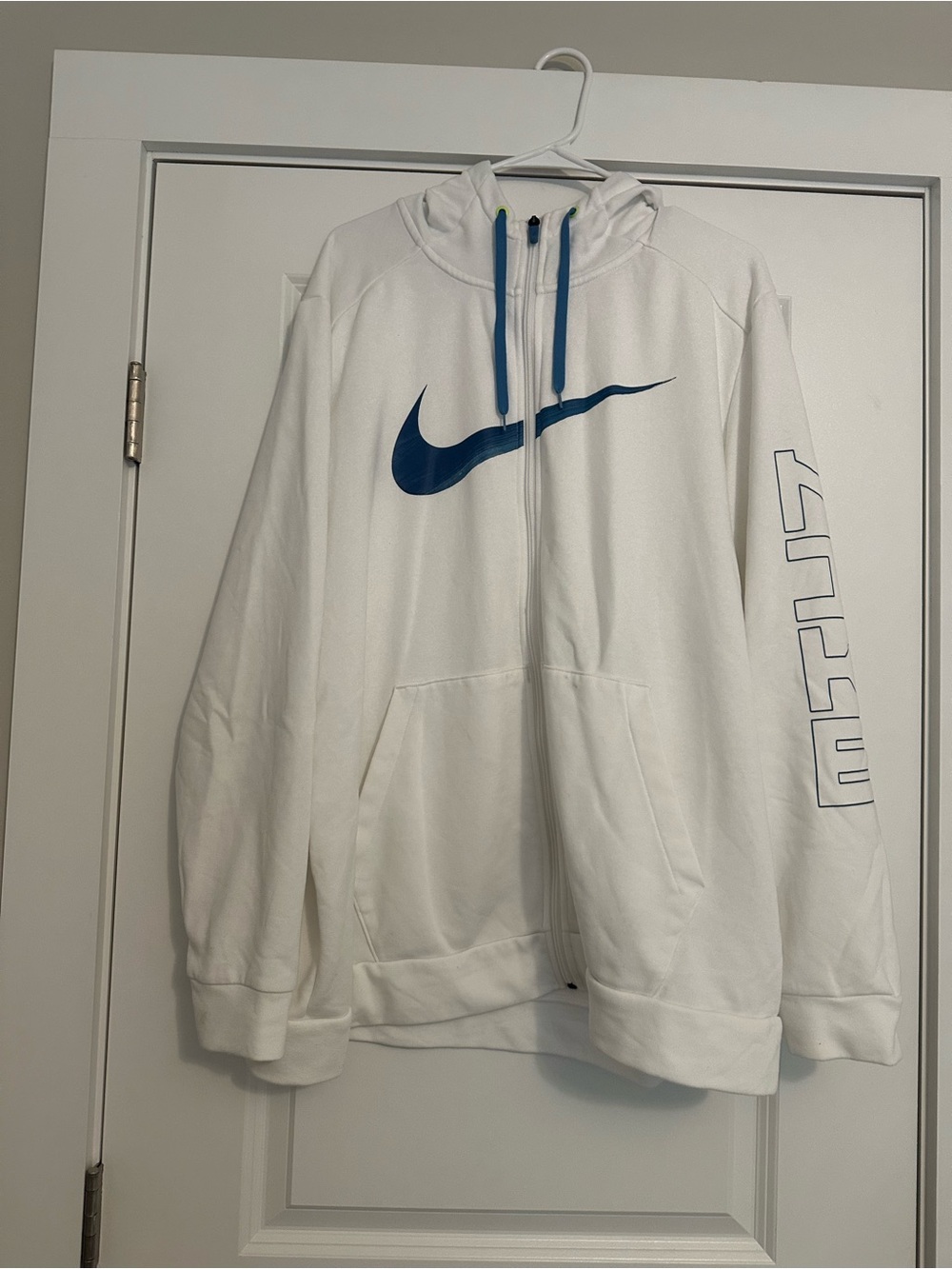 Nike White Hoodie with Blue Swoosh and Blue Drawstrings